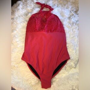 Dark pink One Piece Swimsuit with Halter Neckline and Lace Detail